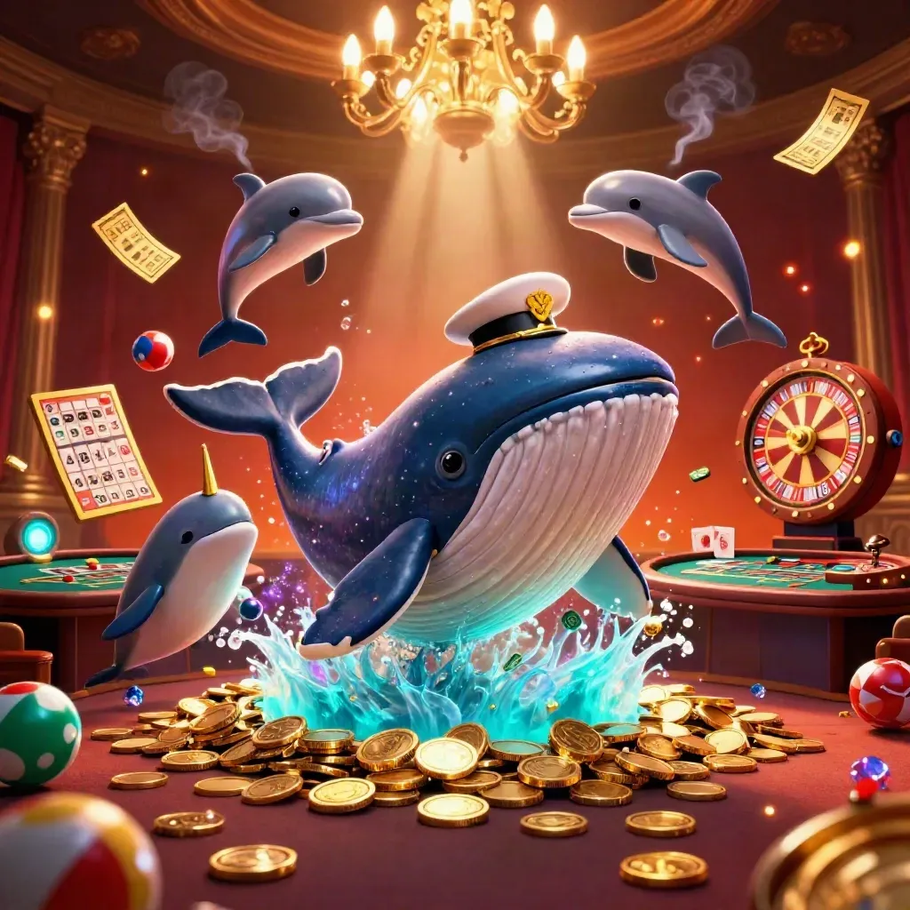 Whale captain, narwhal and dolphins amid casino coins, roulette, cards and neon glow