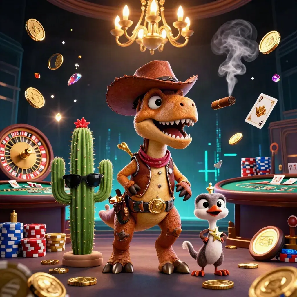 Cartoon cowboy T-Rex, cactus pal, and roadrunner in a neon casino with coins, cards, and chips.
