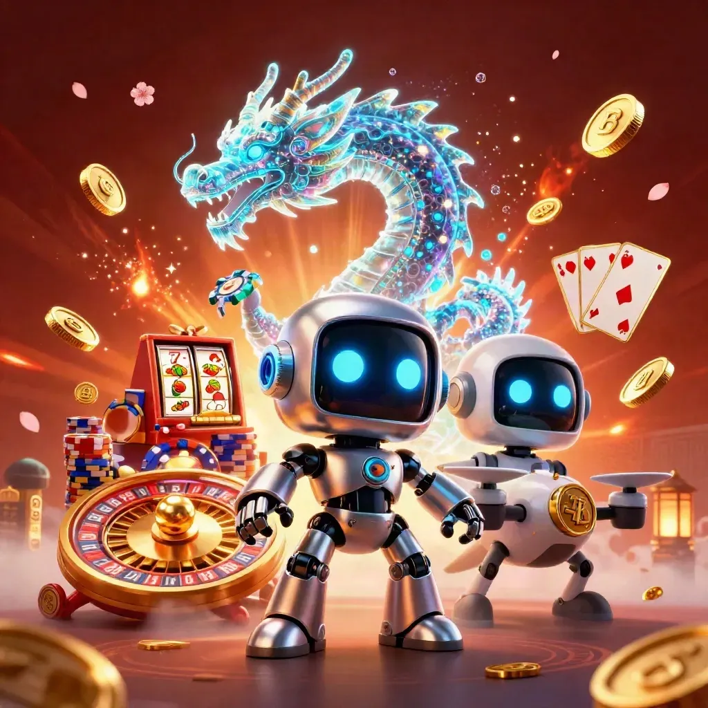 Cyberpunk robot, hologram dragon, and coin drone amid casino chips, cards, coins, and roulette.