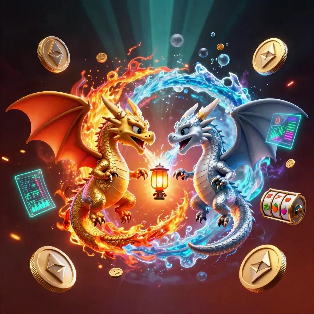 Gold and silver dragons spiral in fire and ice with coins, lightning, and neon casino effects.