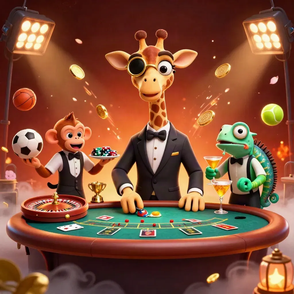 Giraffe high roller, monkey valet, and chameleon bartender amid coins, balls, trophy, roulette, and fireworks