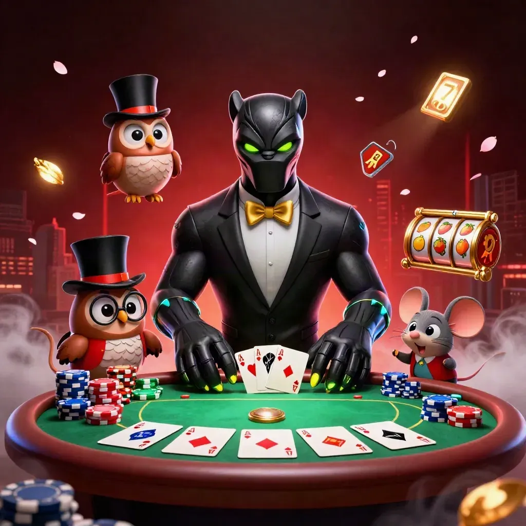 A tuxedo panther, top-hatted owl, and chip-stack mouse amid neon casino cards and chips.